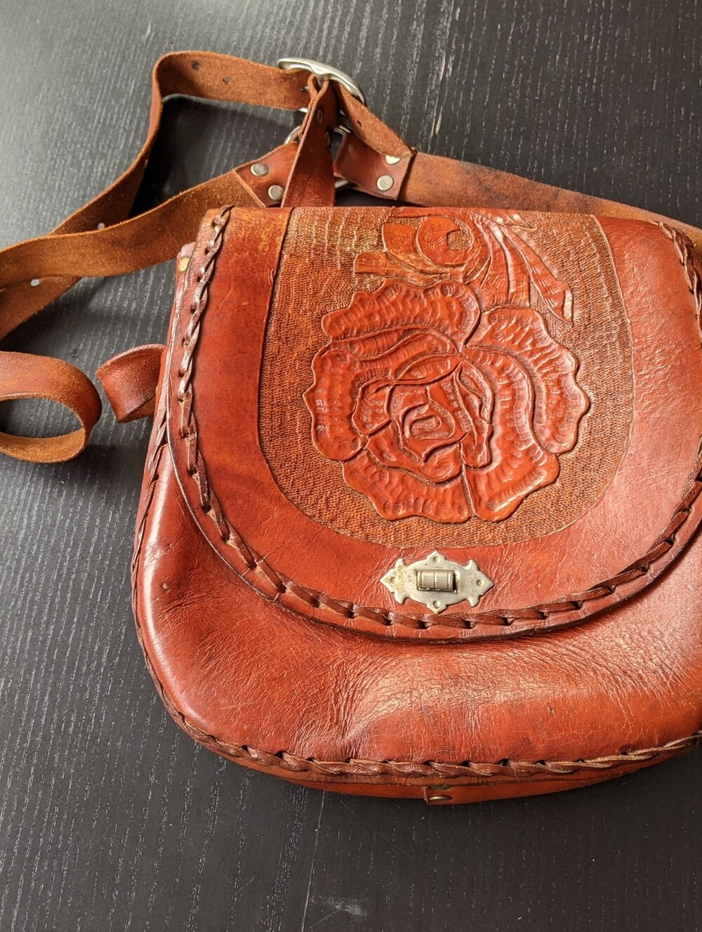Handcrafted Brown Leather Crossbody Bag with Floral Embossing